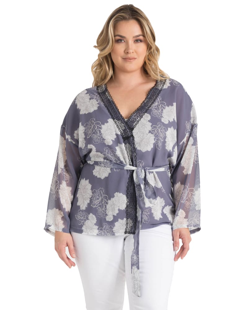 Front of a model wearing a size 1X Laura Kimono Cardigan in Purple by Standards & Practices. | dia_product_style_image_id:276099
